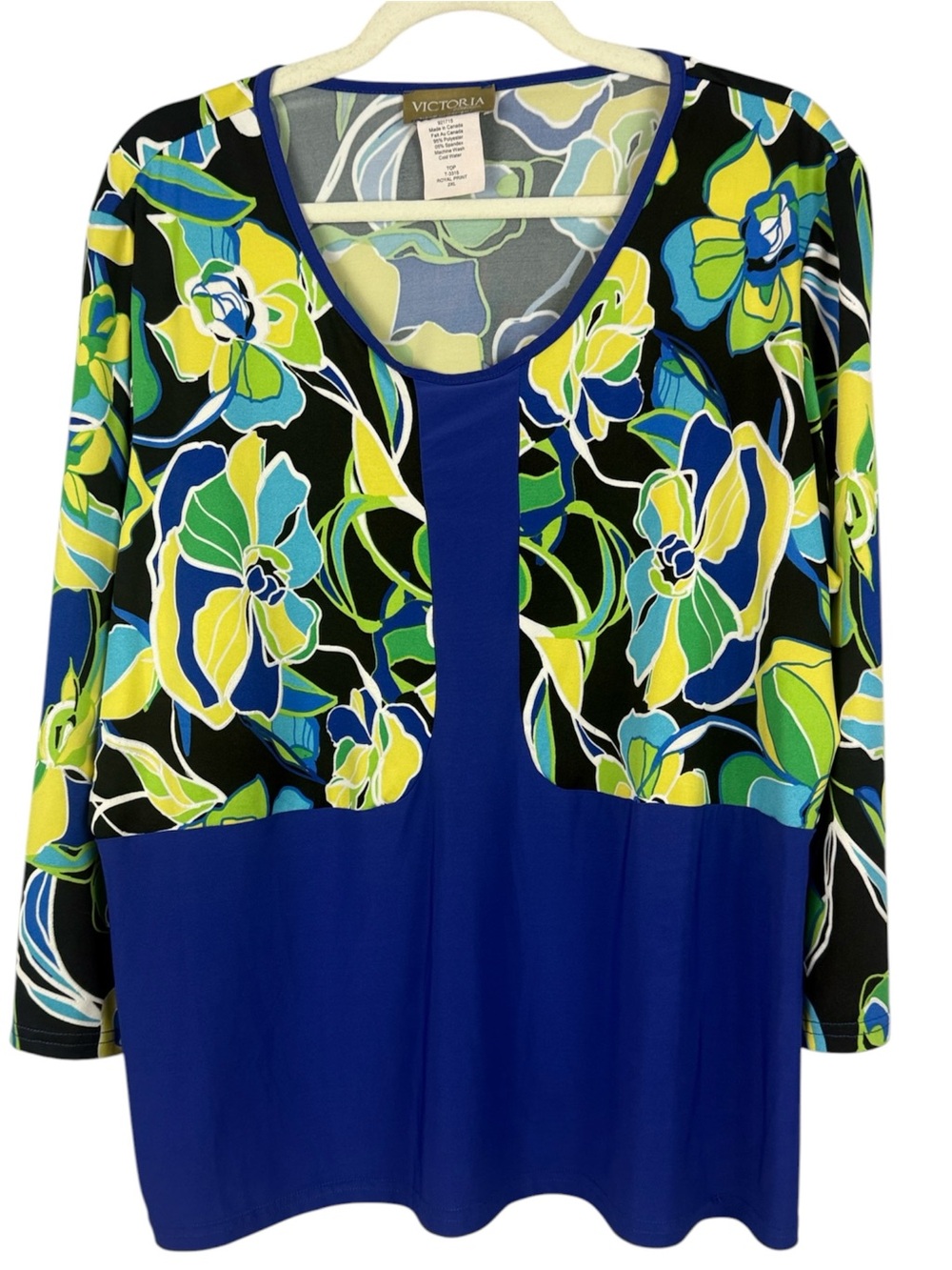 Victoria Collection Classic Easy Care Blue Floral 3/4 Sleeve Scoop Neck 2XL Top